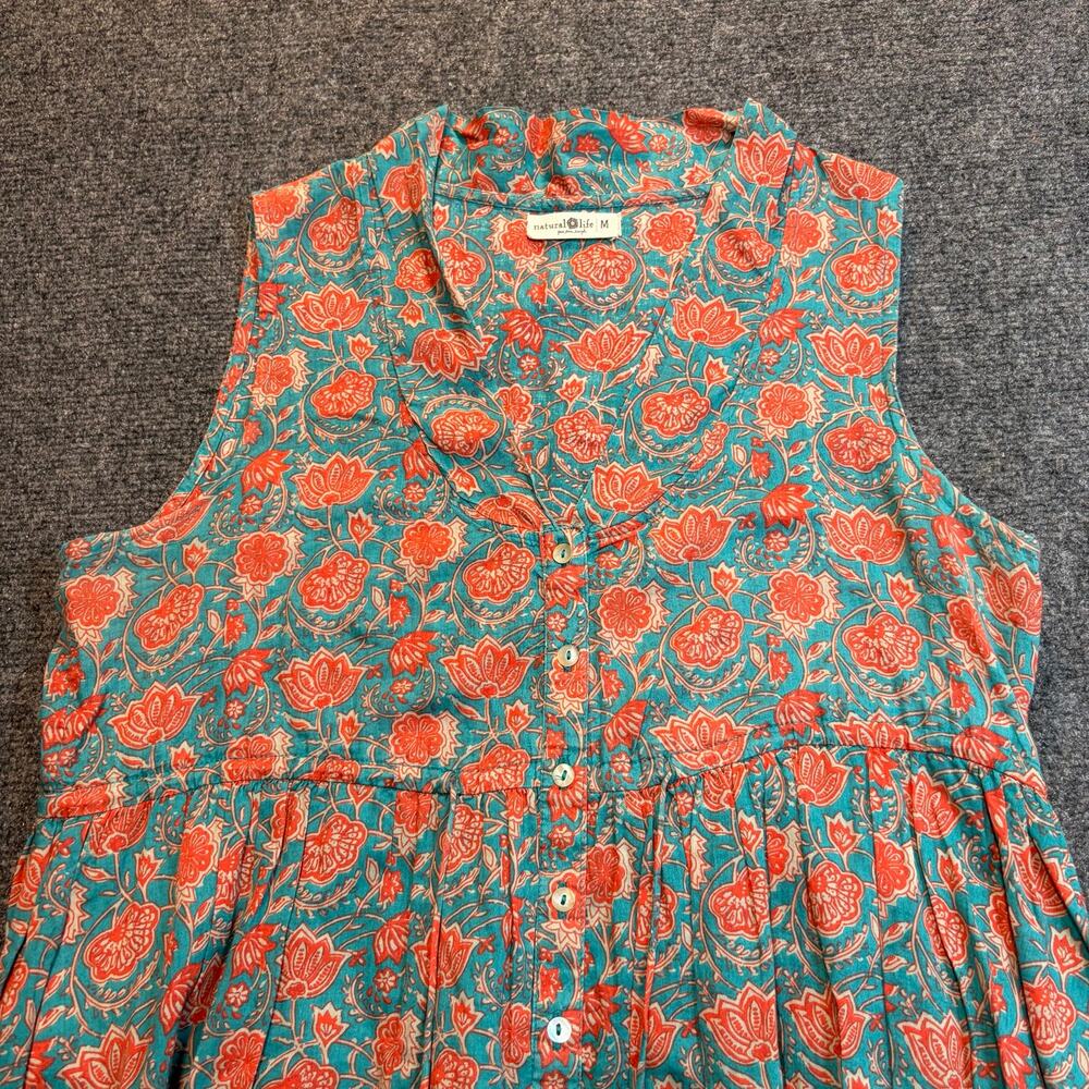 Natural Life Floral Cotton Maxi Dress Blue Orange Button Front Boho Tassel M - Picture 2 of 8